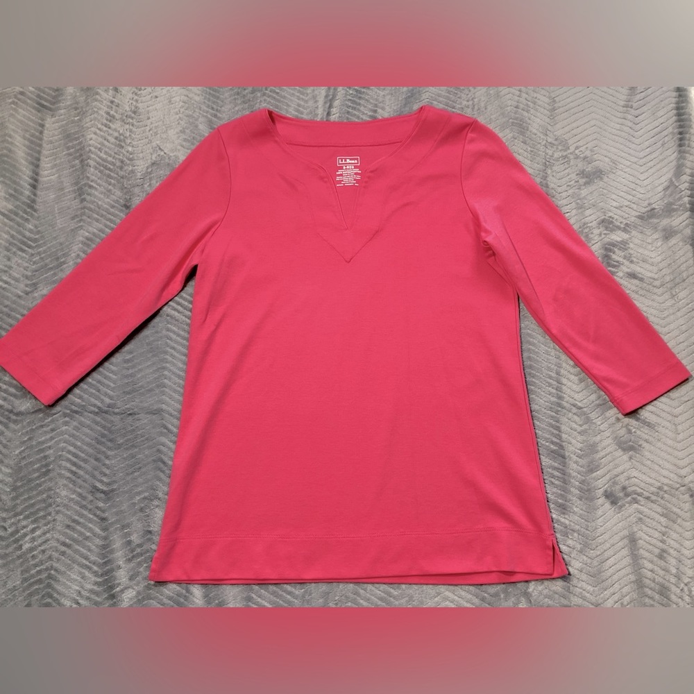 LL Bean Pima Cotton Splitneck 3/4 Sleeve Tunic Tee Azalea Pink Small Reg